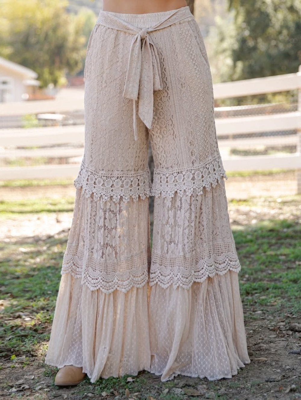 Young Threads Boho Lace Tiered Wide-Leg Pants - Cream